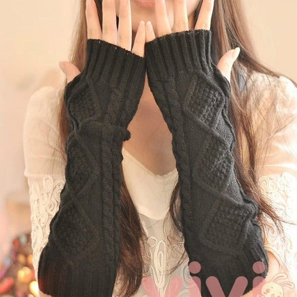 1 Pair Autumn Winter Women Knit Gloves Arm Wrist Sleeve Warmer Girls Rhombus Long Half Winter Mittens